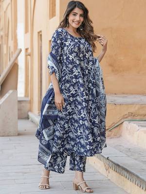 Navy blue rayon printed designer kurta set with dupatta 2