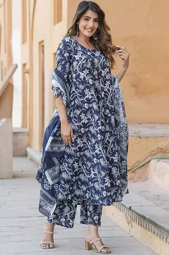 Navy blue rayon printed designer kurta set with dupatta