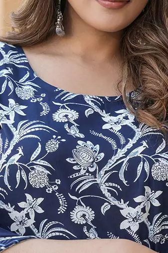 Navy blue rayon printed designer kurta set with dupatta