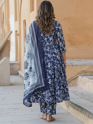 Navy blue rayon printed designer kurta set with dupatta 4