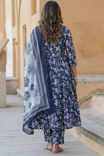 Navy blue rayon printed designer kurta set with dupatta