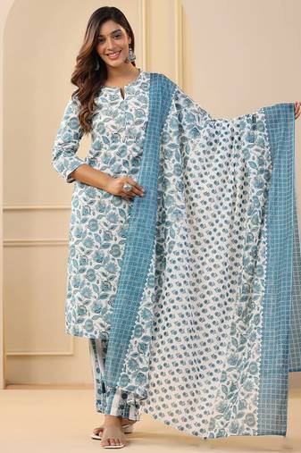 White rayon printed designer kurta set with dupatta