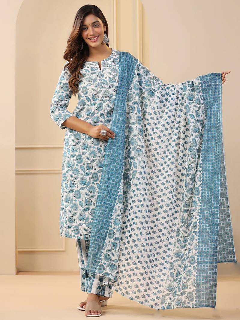 White rayon printed designer kurta set with dupatta