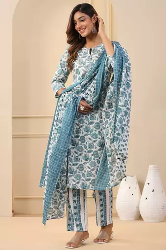 White rayon printed designer kurta set with dupatta