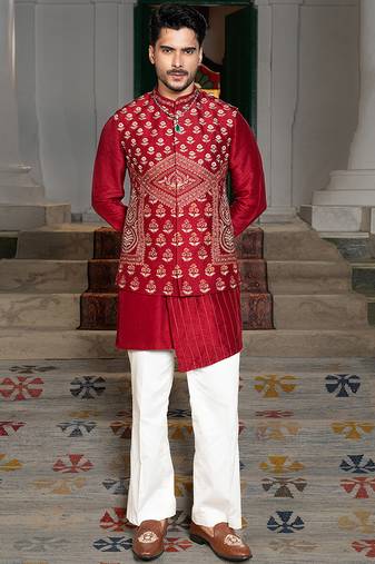 Red embroidered silk kurta jacket set