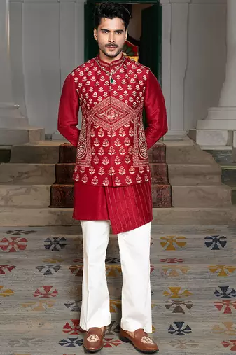Red embroidered silk kurta jacket set