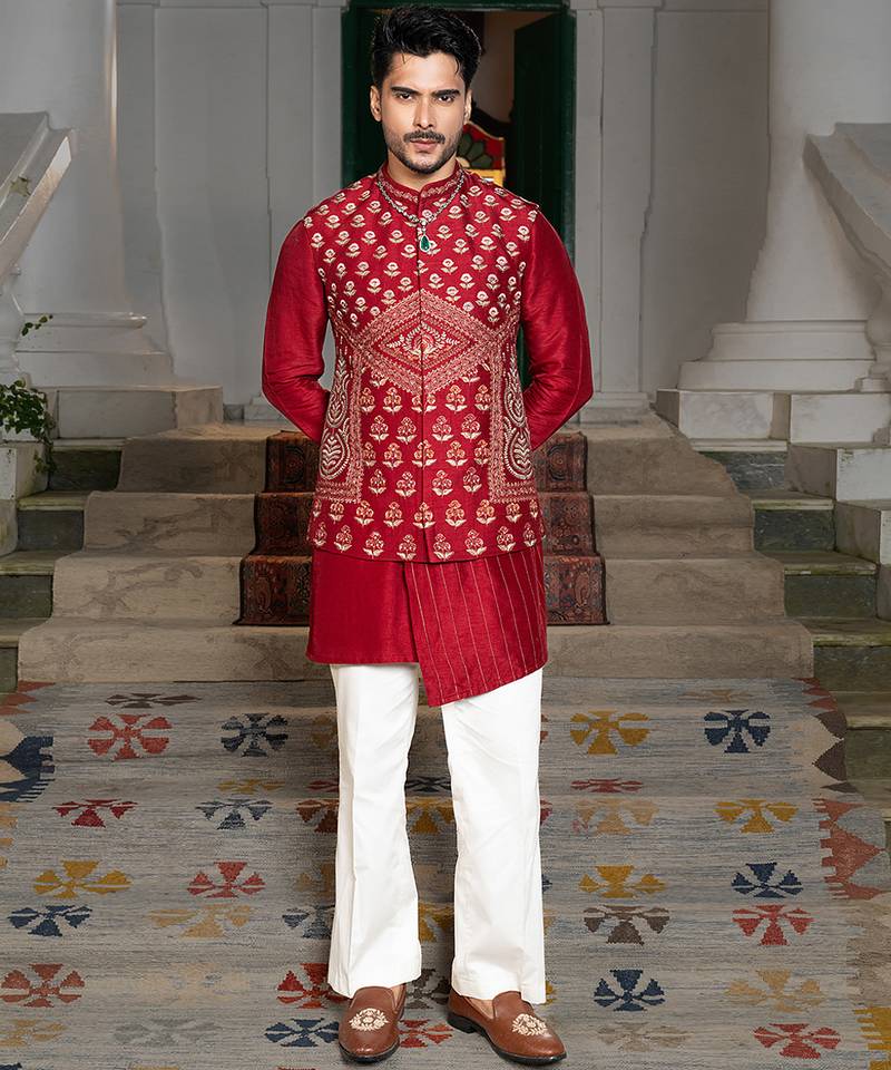 Red embroidered silk kurta jacket set
