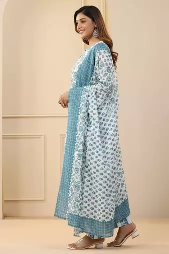 White rayon printed designer kurta set with dupatta