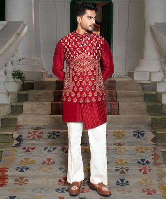 Red embroidered silk kurta jacket set 2