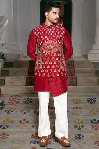 Red embroidered silk kurta jacket set
