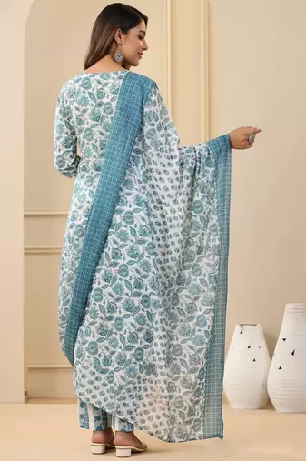 White rayon printed designer kurta set with dupatta