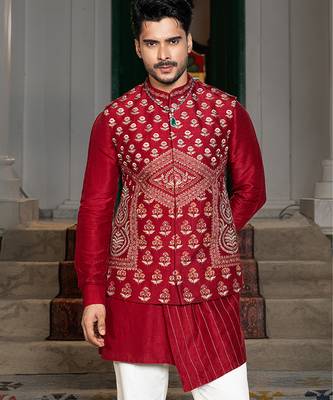 Red embroidered silk kurta jacket set 3