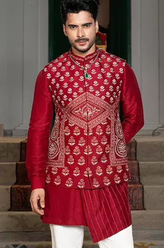 Red embroidered silk kurta jacket set