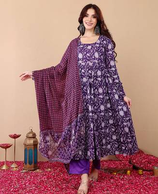 Purple rayon printed designer kurta set with dupatta 1