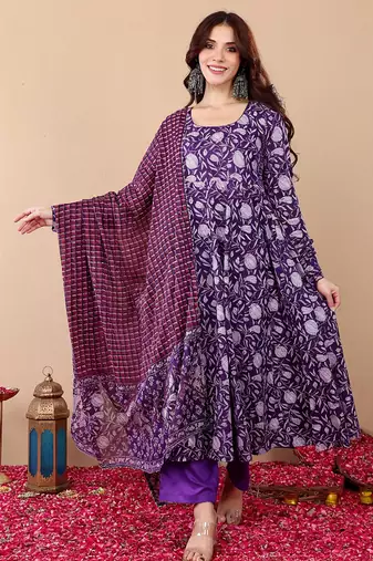 Purple rayon printed designer kurta set with dupatta