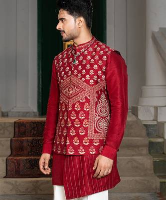 Red embroidered silk kurta jacket set 4