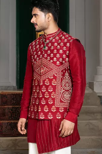 Red embroidered silk kurta jacket set