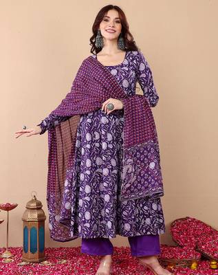 Purple rayon printed designer kurta set with dupatta 2