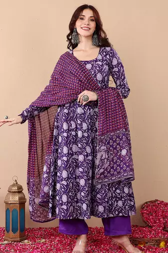 Purple rayon printed designer kurta set with dupatta