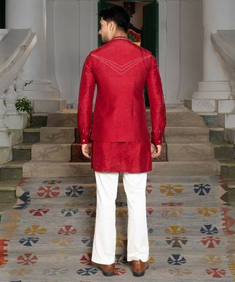 Red embroidered silk kurta jacket set 5