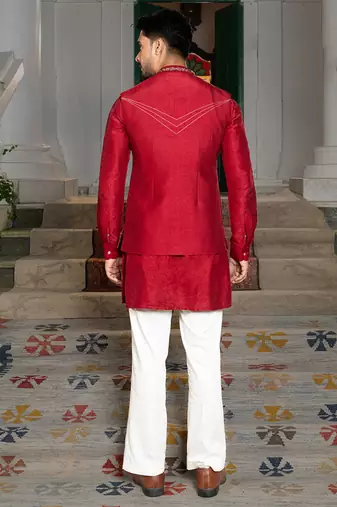 Red embroidered silk kurta jacket set