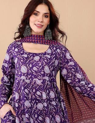Purple rayon printed designer kurta set with dupatta 3