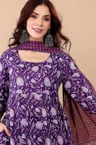 Purple rayon printed designer kurta set with dupatta