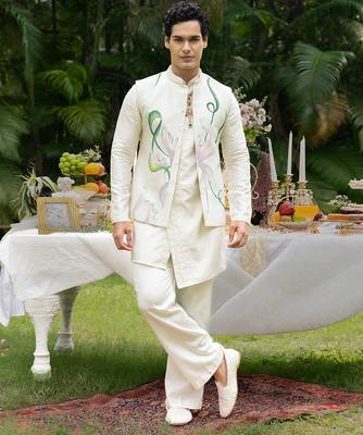 Ivory printed chanderi kurta jacket set 1