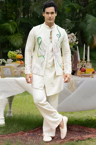 Ivory printed chanderi kurta jacket set