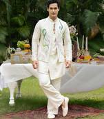 Ivory printed chanderi kurta jacket set