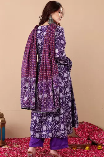 Purple rayon printed designer kurta set with dupatta