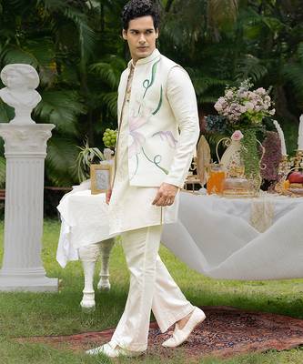 Ivory printed chanderi kurta jacket set 2