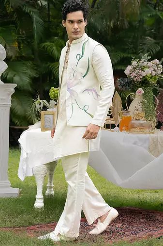 Ivory printed chanderi kurta jacket set