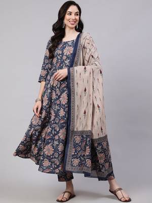 Navy blue rayon printed designer kurta set with dupatta 1