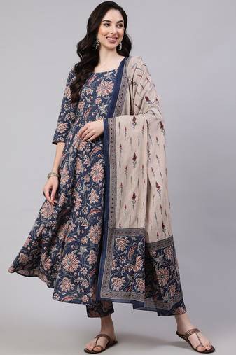 Navy blue rayon printed designer kurta set with dupatta