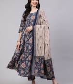 Navy blue rayon printed designer kurta set with dupatta