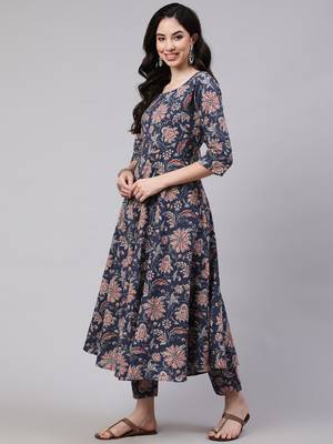 Navy blue rayon printed designer kurta set with dupatta 2
