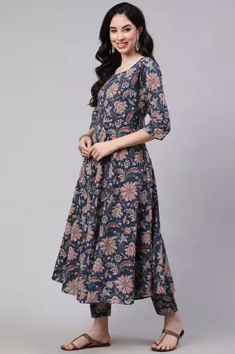 Navy blue rayon printed designer kurta set with dupatta