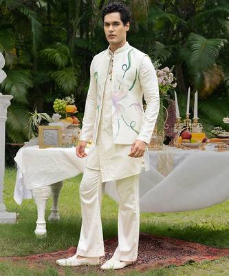 Ivory printed chanderi kurta jacket set 3