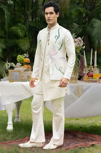 Ivory printed chanderi kurta jacket set