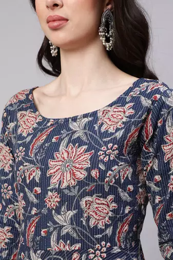Navy blue rayon printed designer kurta set with dupatta