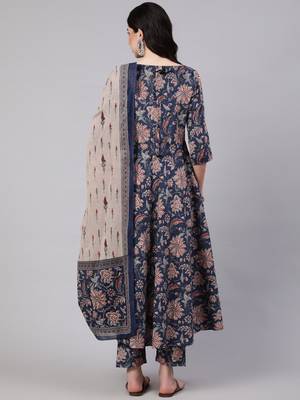 Navy blue rayon printed designer kurta set with dupatta 4