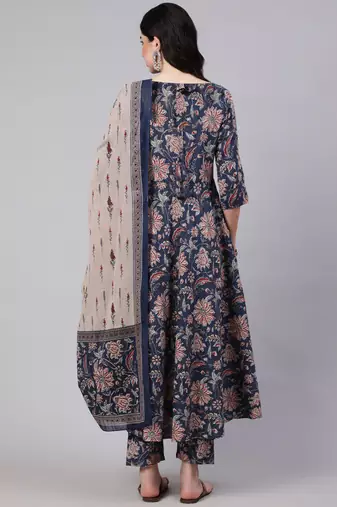 Navy blue rayon printed designer kurta set with dupatta