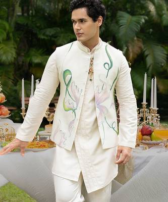 Ivory printed chanderi kurta jacket set 5