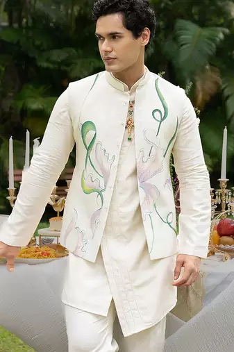 Ivory printed chanderi kurta jacket set