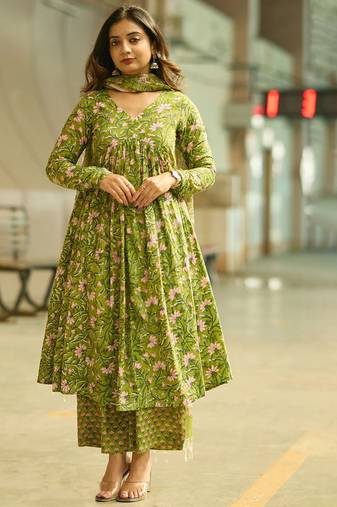 Parrot green rayon printed designer kurta set with dupatta