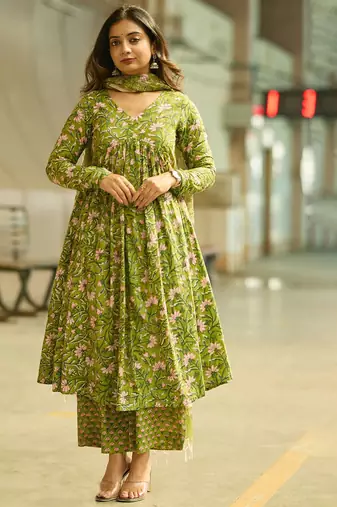 Parrot green rayon printed designer kurta set with dupatta