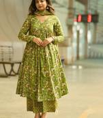 Parrot green rayon printed designer kurta set with dupatta