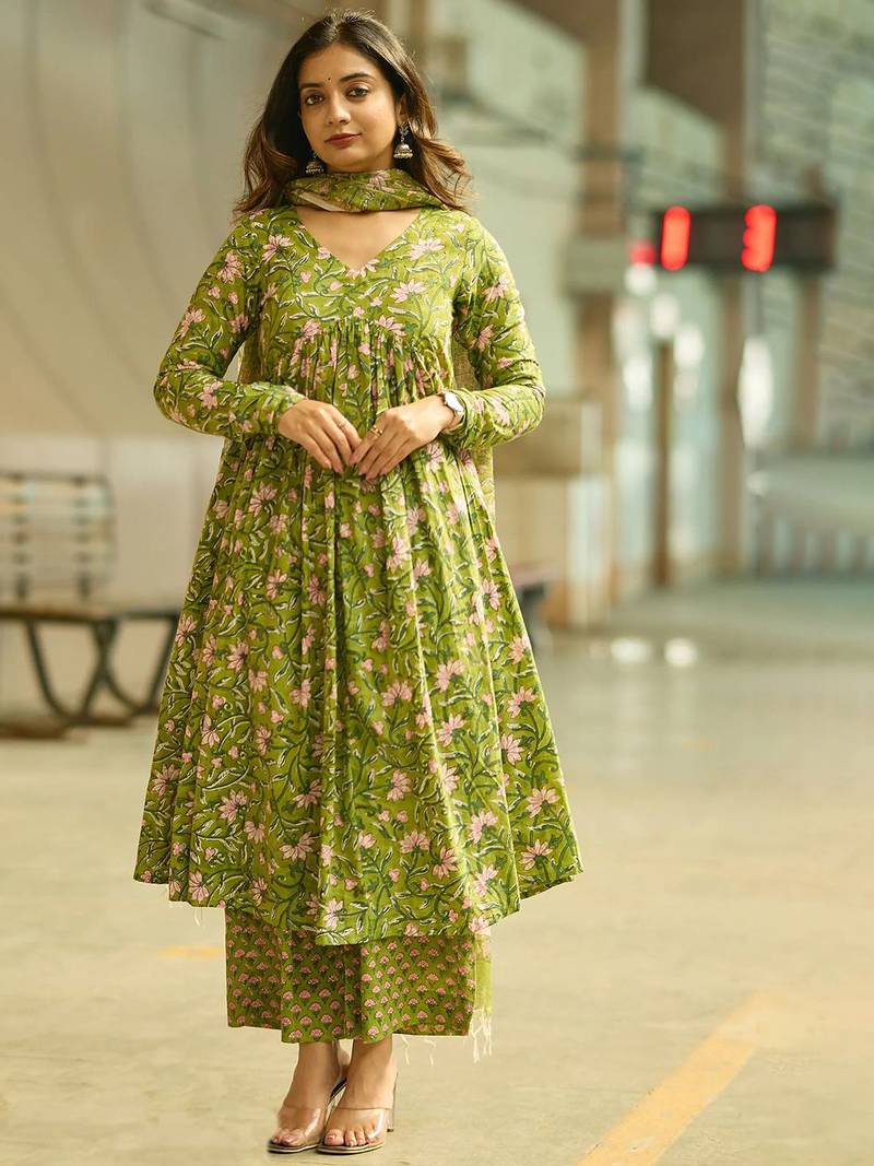 Parrot green rayon printed designer kurta set with dupatta