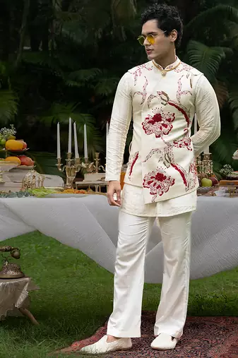 Ivory printed linen kurta jacket set